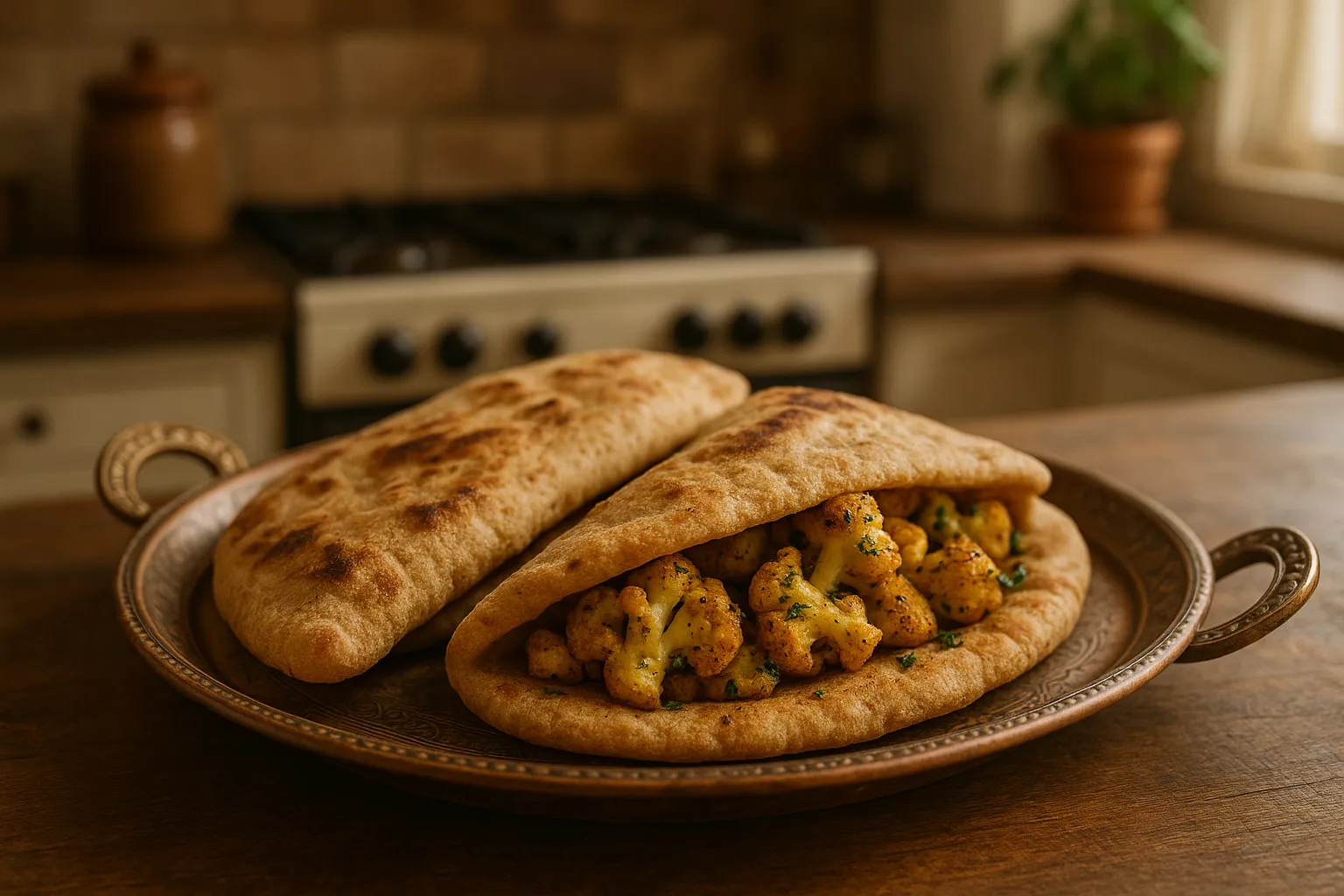 Finished and plated dish: Whole Wheat Naan Stuffed with Curried Cauliflower