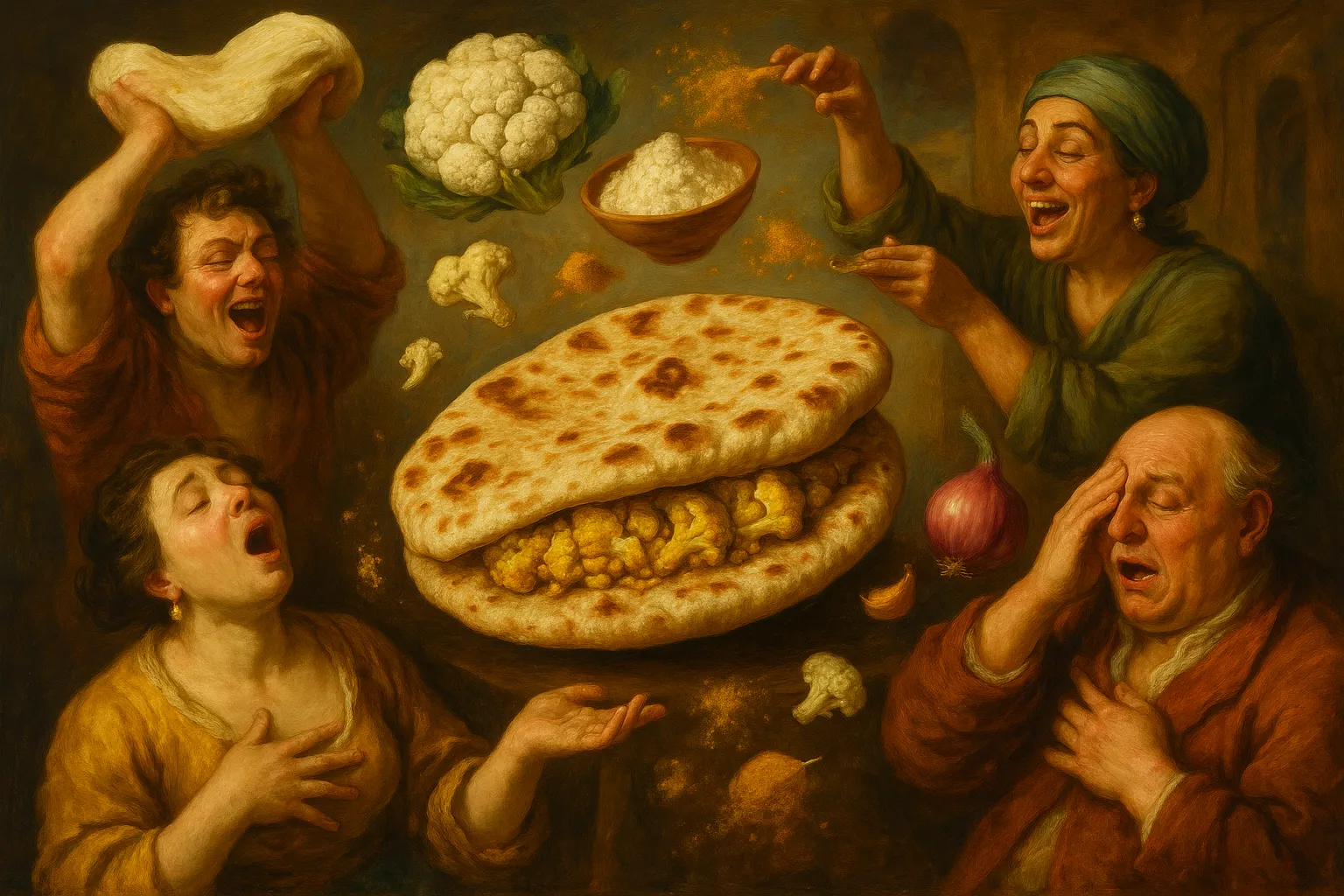 Composición final humorística de Whole Wheat Naan Stuffed with Curried Cauliflower con whole wheat flour, dry baker's yeast, natural yogurt, olive oil, salt