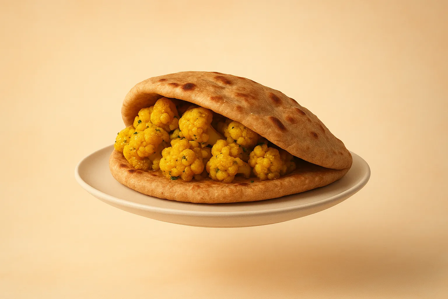 Portada de la receta Pan naan integral relleno de coliflor al curry