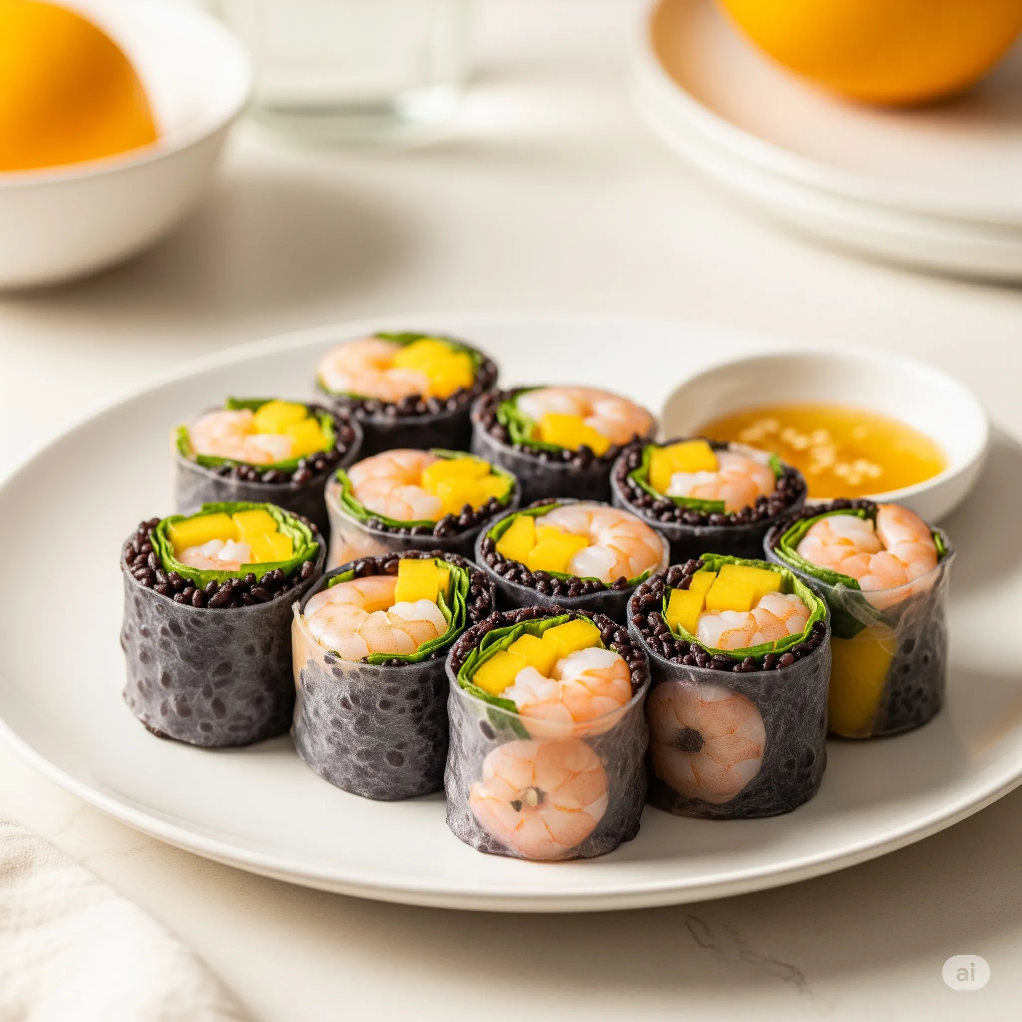 Finished and plated dish: Black Rice Rolls with Prawns and Mango