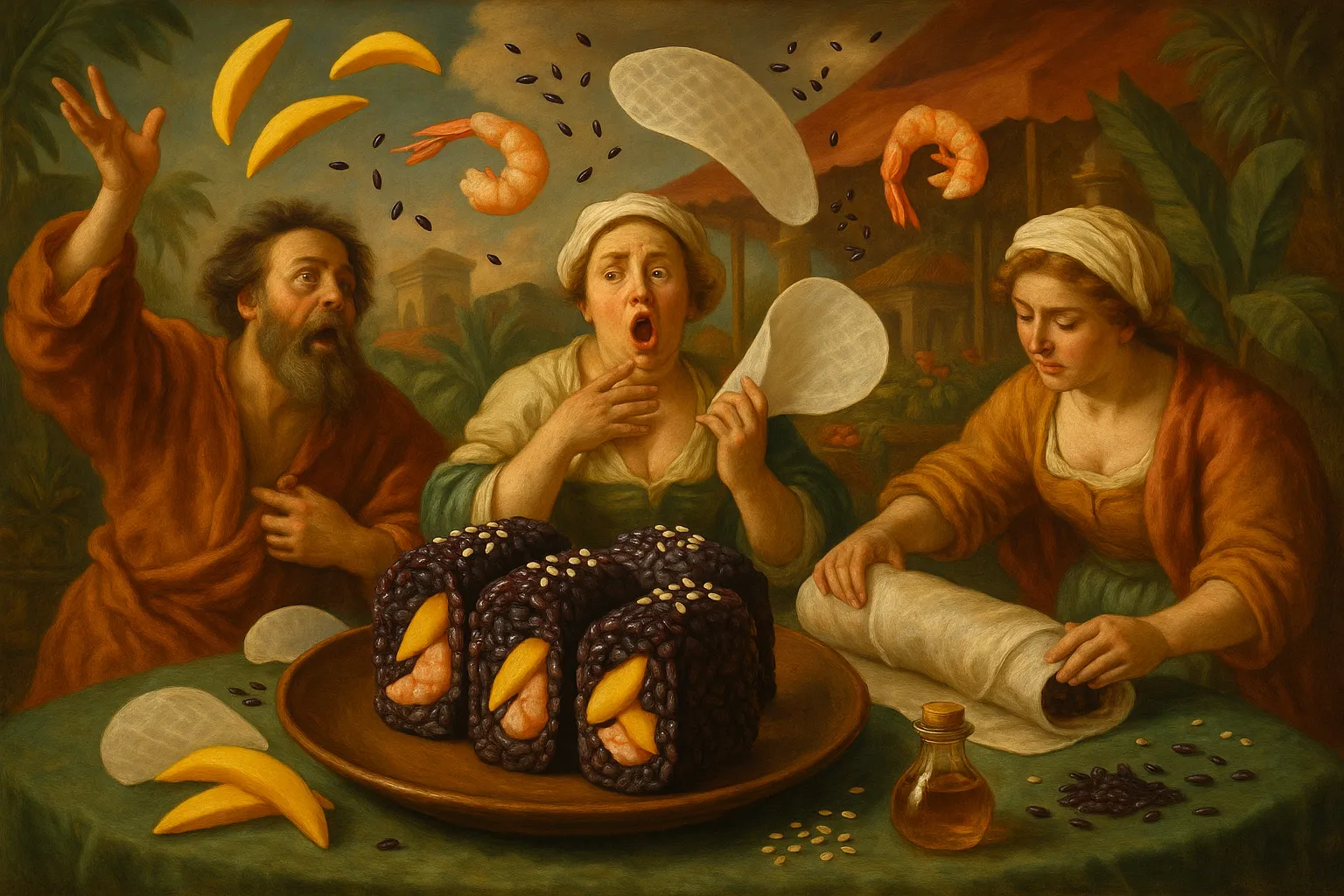 Composición final humorística de Black Rice Rolls with Prawns and Mango con Black rice (Venere), Rice paper wrappers, Cooked prawns, Mango, Avocado