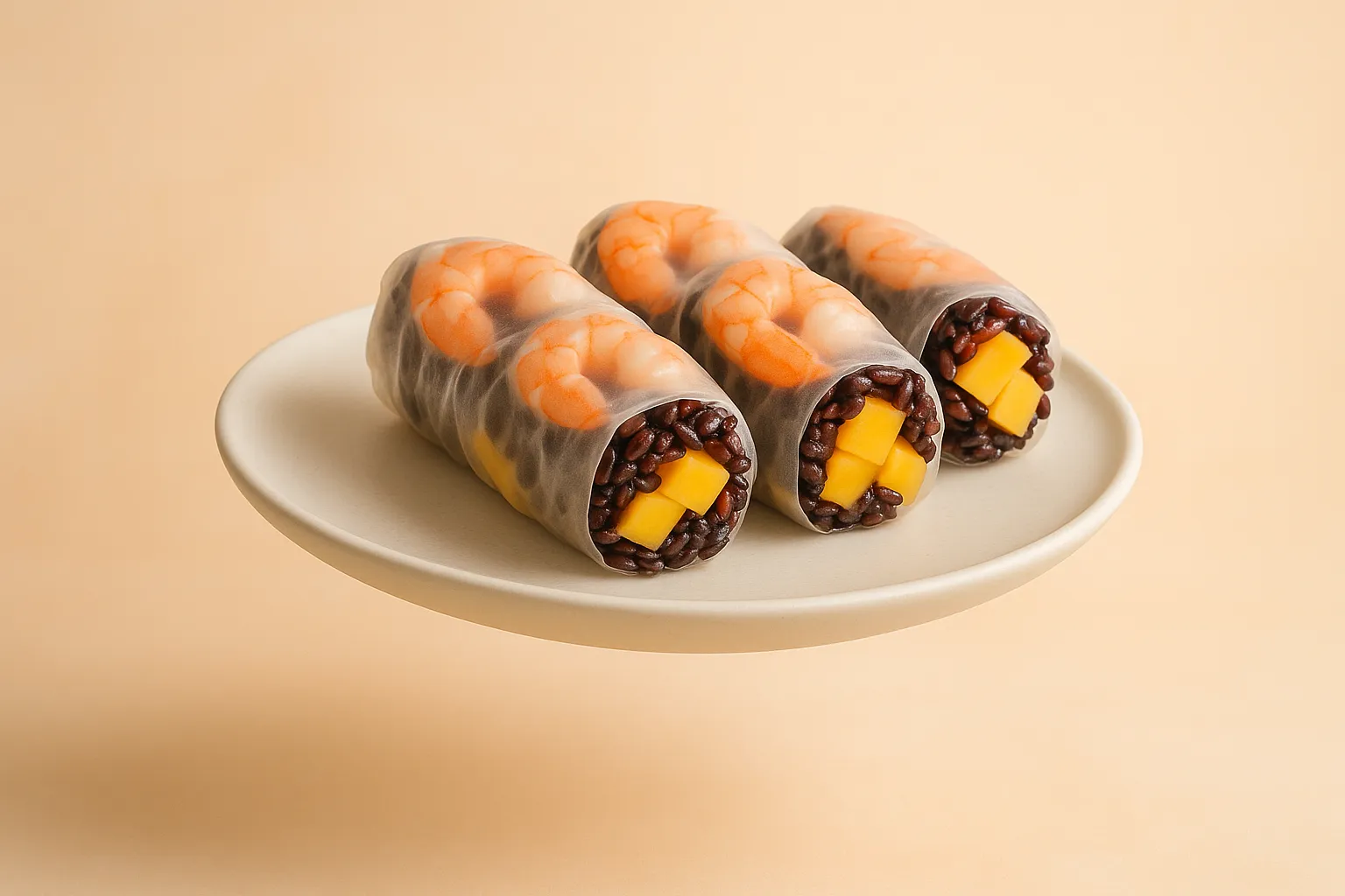 Portada de la receta Rollitos de arroz negro con langostinos y mango