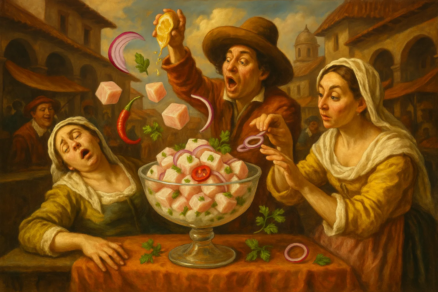 Composición final humorística de Classic Seabass Ceviche con Fresh seabass fillets, Limes, Red onion, Ají limo (or red chili), Fresh cilantro