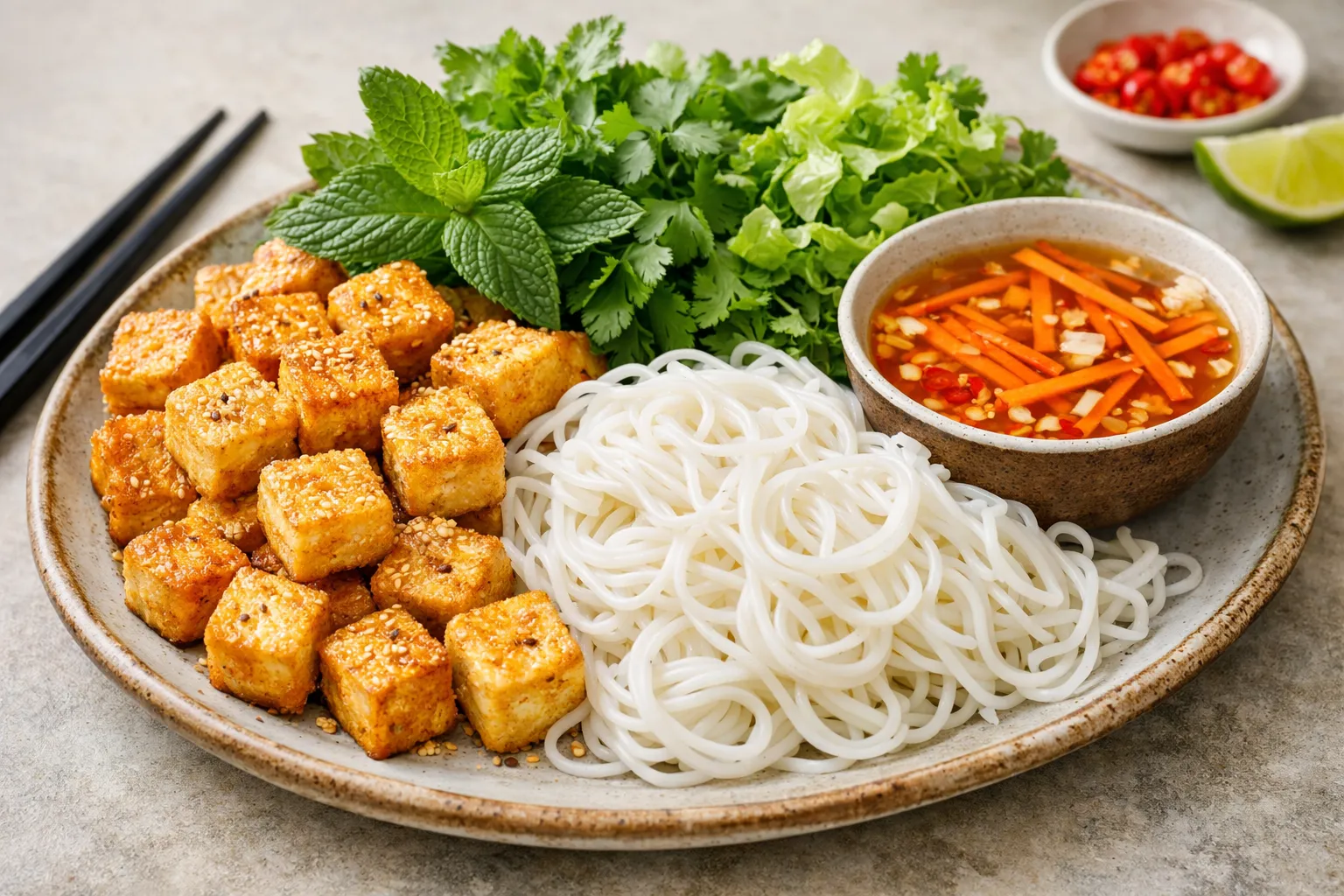 Finished and plated dish: Vegan Vietnamese Tofu Bun Cha with Fresh Herbs