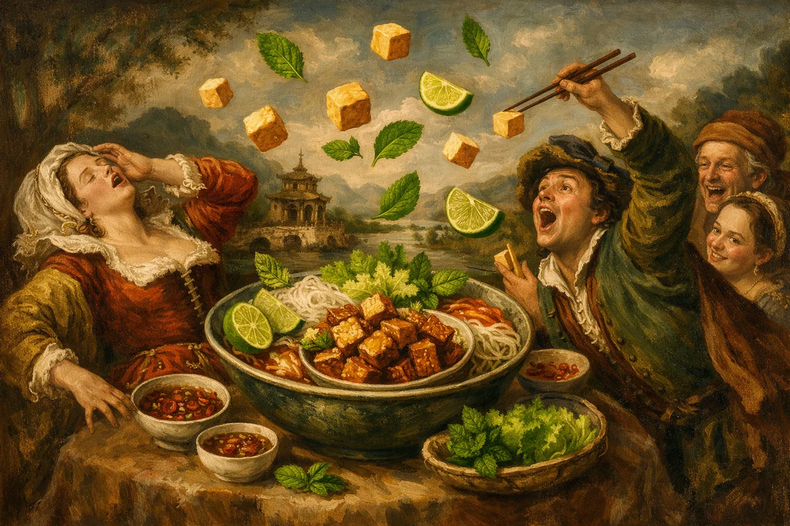 Composición final humorística de Vegan Vietnamese Tofu Bun Cha with Fresh Herbs con Firm tofu, Rice noodles (vermicelli), Carrot, Fresh lettuce, Fresh mint