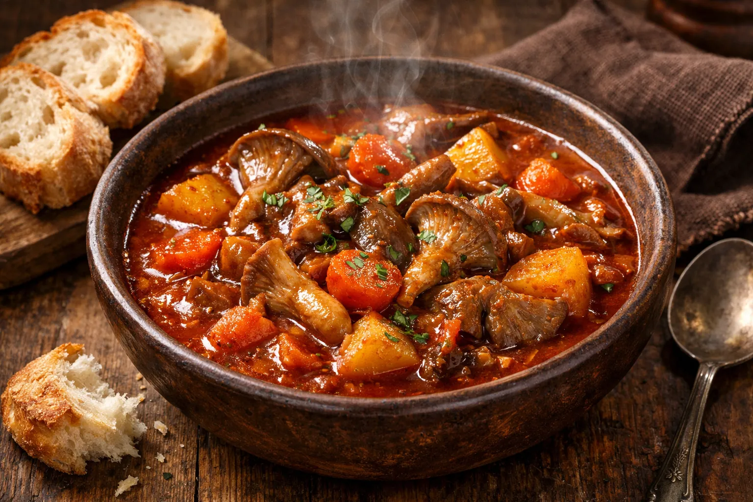 Finished and plated dish: Vegan Hungarian Oyster Mushroom Goulash
