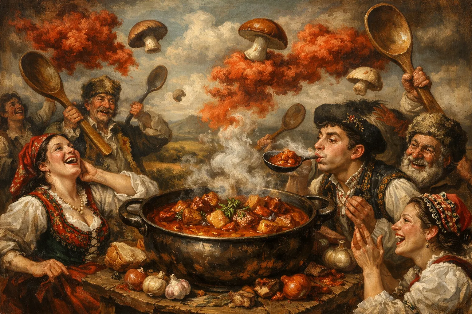 Composición final humorística de Vegan Hungarian Oyster Mushroom Goulash con Oyster mushrooms, Large onions, Quality sweet paprika, Hot paprika (optional), Potatoes