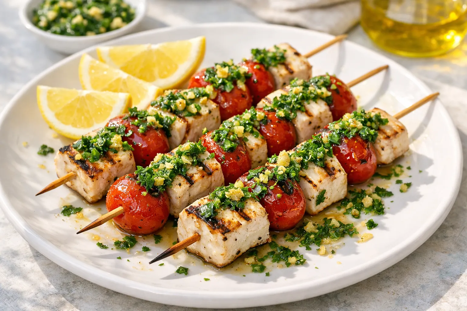 Finished and plated dish: Swordfish Skewers with Mint Gremolata