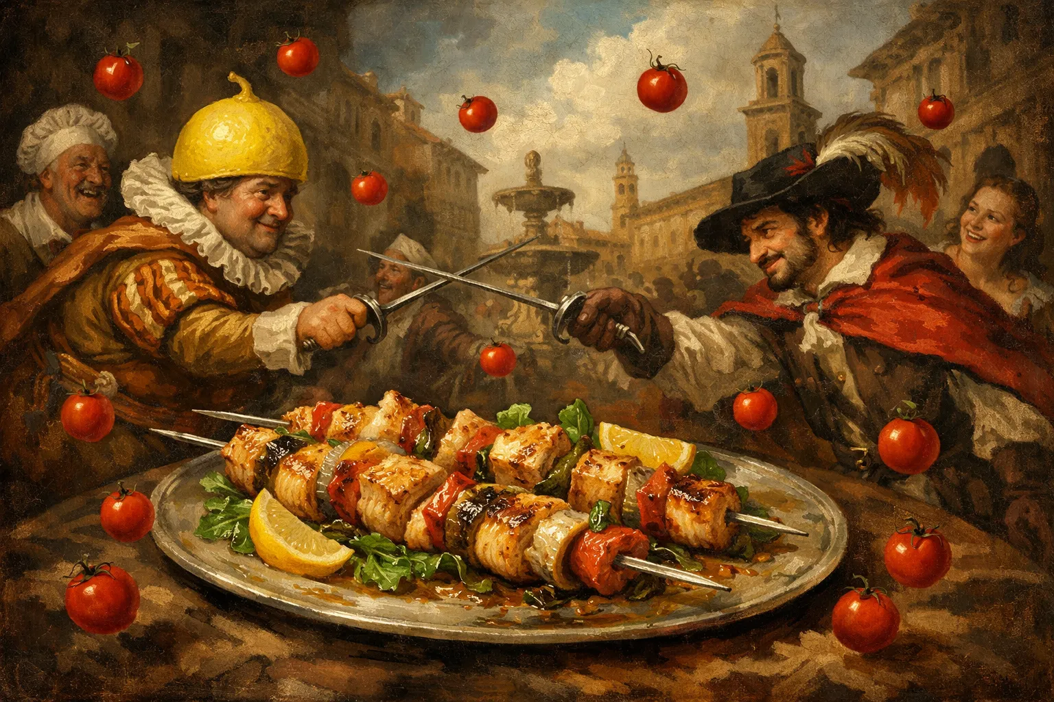 Composición final humorística de Swordfish Skewers with Mint Gremolata con Fresh swordfish (or tuna/emperor), Lemon (zest and juice), Garlic, Fresh mint, Fresh parsley