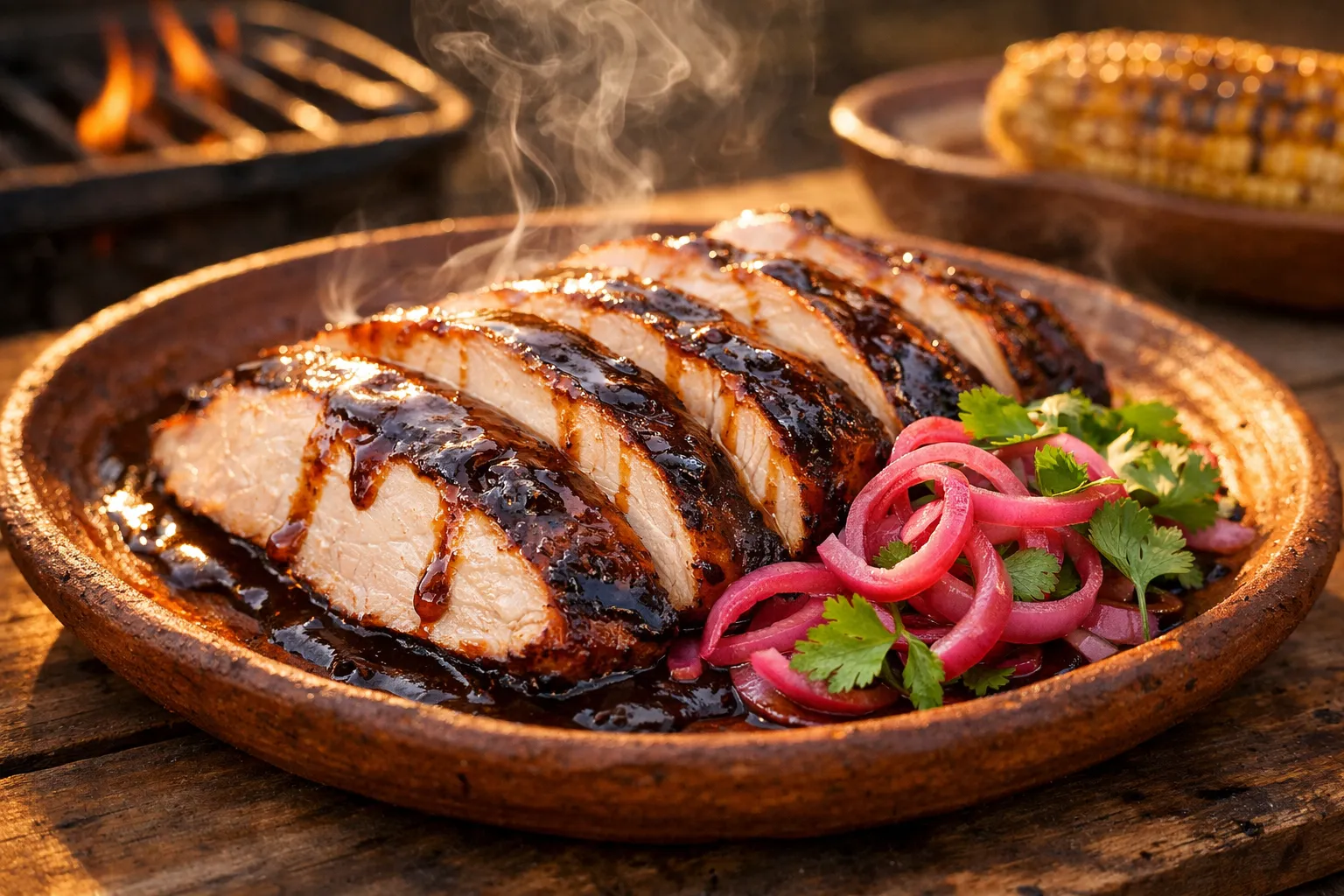 Finished and plated dish: Mesquite Smoked Turkey Breast with Tamarind Sauce