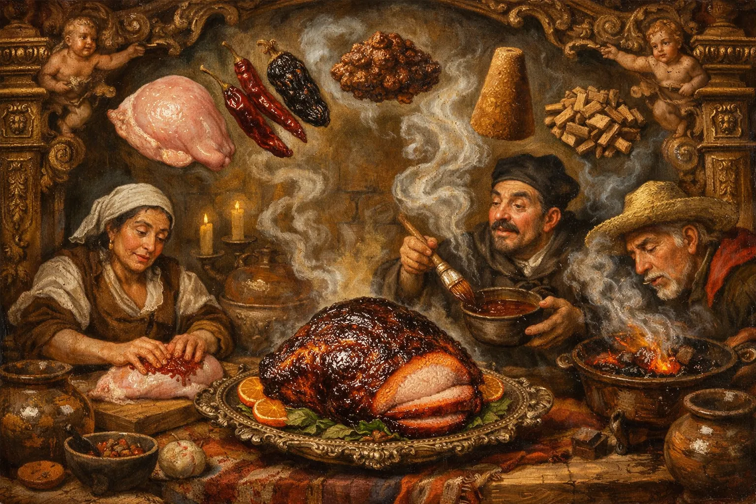 Composición final humorística de Mesquite Smoked Turkey Breast with Tamarind Sauce con Whole raw turkey breast, Mesquite wood chips (for smoking), Concentrated tamarind pulp, Piloncillo (or dark brown sugar), Dried chiles (Ancho and Guajillo), hydrated