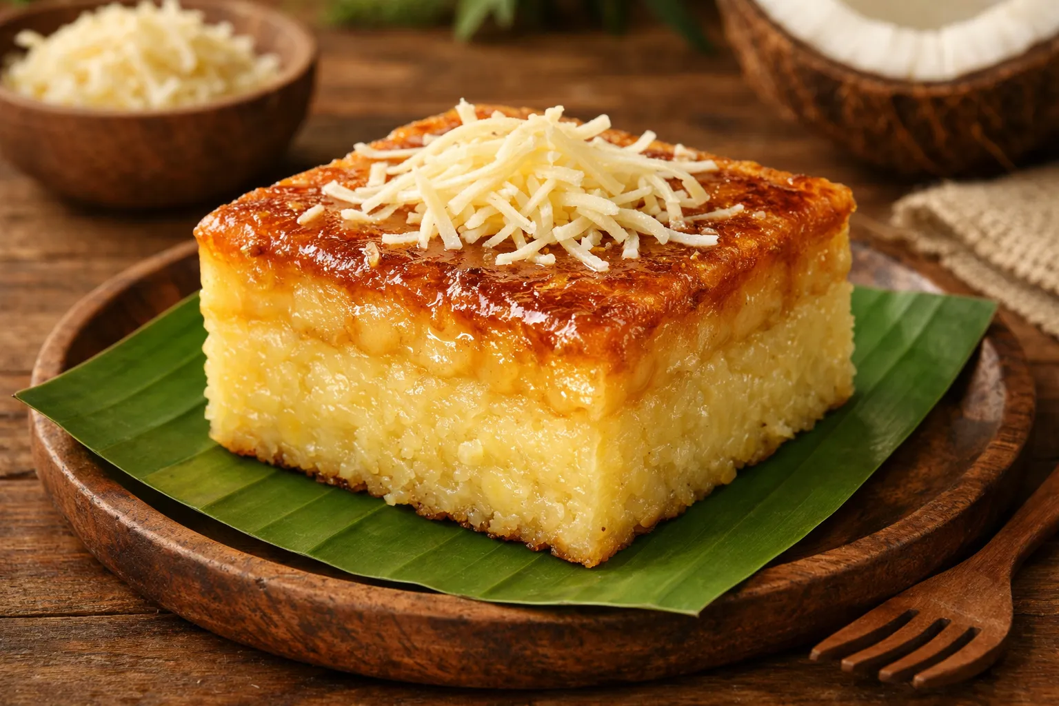 Finished and plated dish: Cassava and Coconut Cake (Cassava Cake)