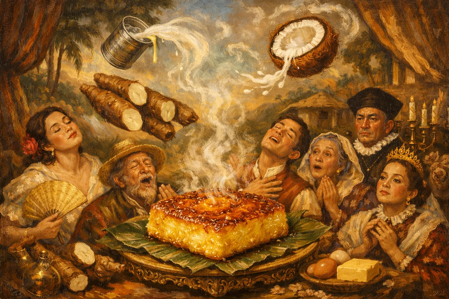 Composición final humorística de Cassava and Coconut Cake (Cassava Cake) con Grated cassava (fresh or frozen), Coconut milk (can), Evaporated milk, Condensed milk (for the batter), Condensed milk (for the topping)