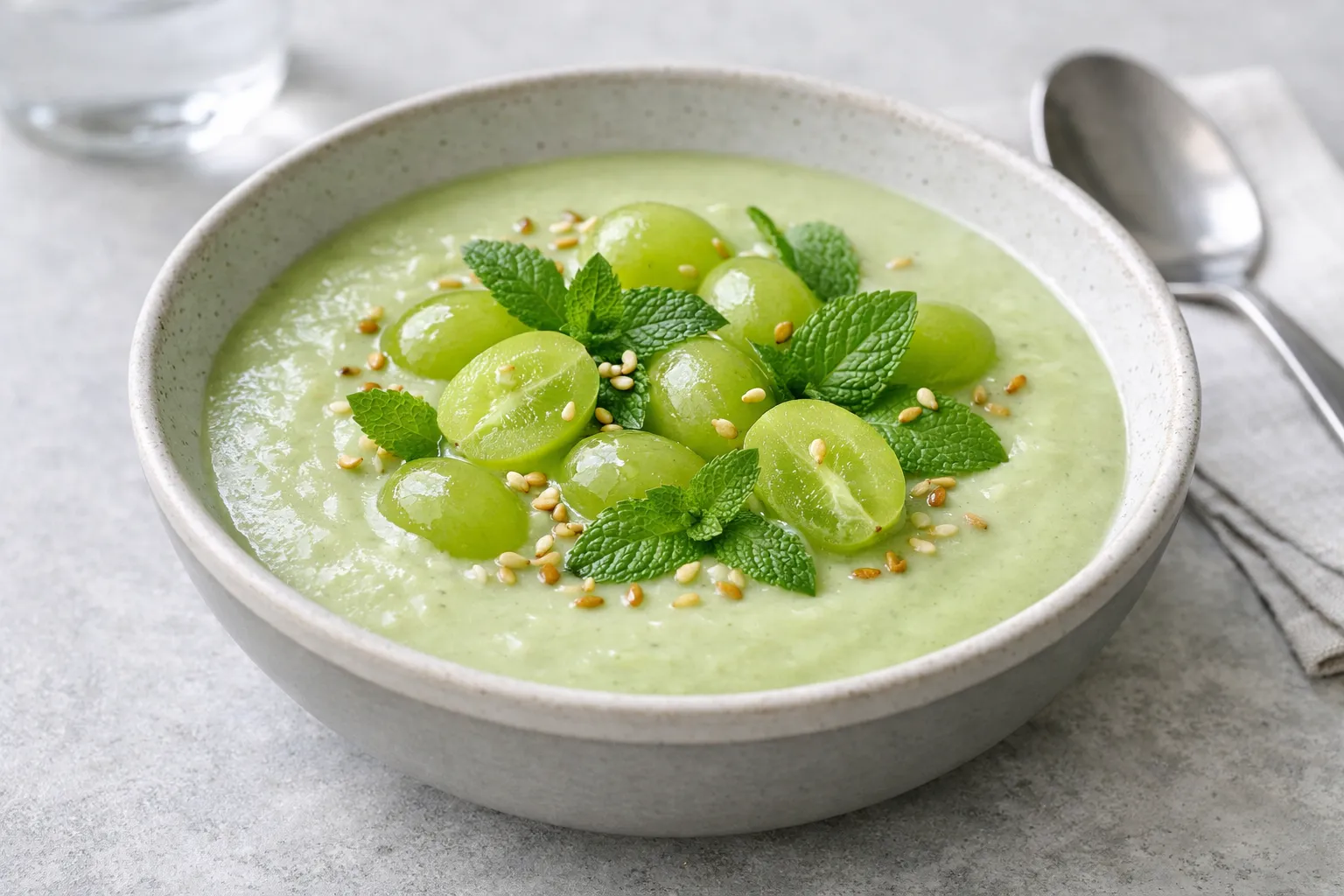 Finished and plated dish: Cold Cucumber, Grape and White Miso Soup