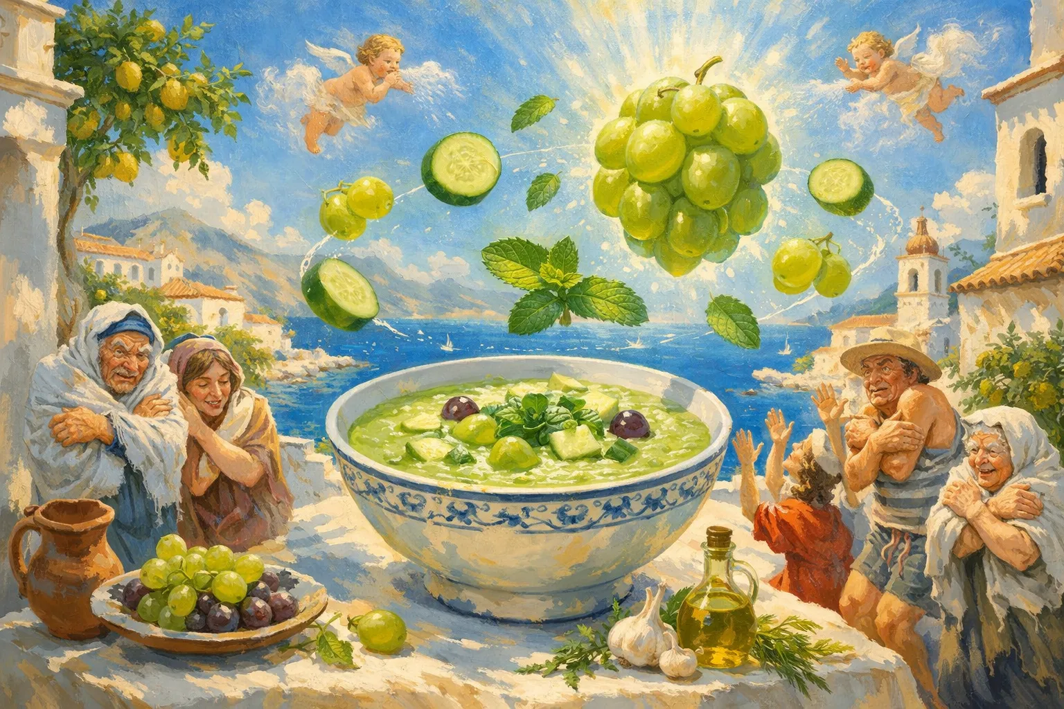 Composición final humorística de Cold Cucumber, Grape and White Miso Soup con Cucumber, Seedless green grapes, Fresh mint, Unsweetened plain yogurt, Very cold water