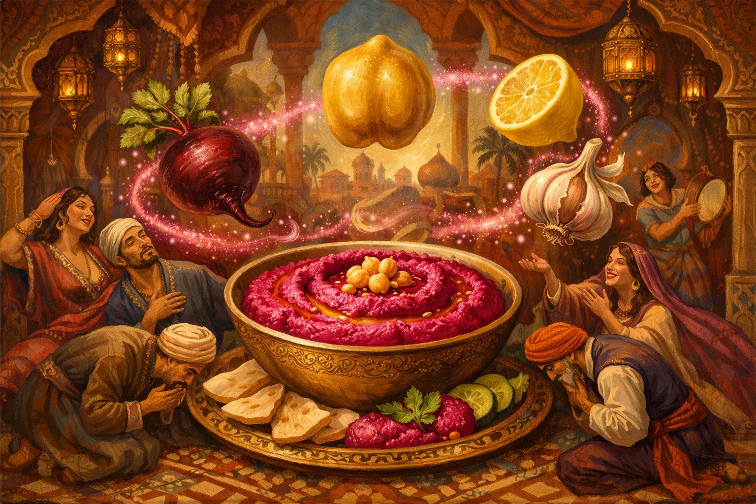 Composición final humorística de Vegan Roasted Beetroot Hummus with Chermoula con Cooked chickpeas (canned or homemade), Raw beetroot, Tahini (sesame paste), Lemon juice, Garlic