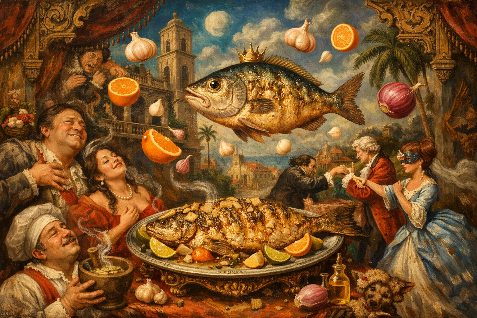 Composición final humorística de Grilled Fish Fillet with Cuban Mojo con Firm white fish fillets (grouper, snapper, or sea bass), Extra virgin olive oil, Garlic, Fresh orange juice, Lime juice