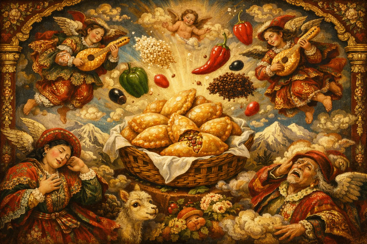 Composición final humorística de Baked Quinoa and Yellow Chili Empanadas con Empanada dough (preferably whole wheat or homemade), Tricolor quinoa (cooked), Yellow chili paste (ají amarillo), Red onion, Red bell pepper