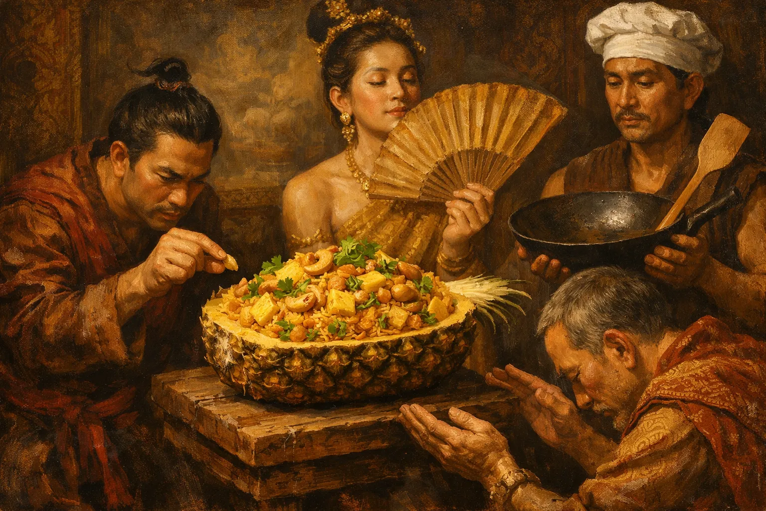 Composición final humorística de Jasmine Fried Rice with Pineapple and Cashew con Cooked jasmine rice (day-old), Fresh pineapple, Toasted cashews, Eggs (L), Spring onion