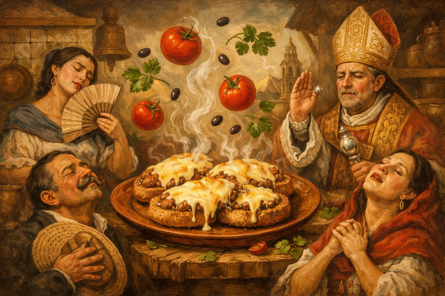 Composición final humorística de Whole Wheat Molletes with Beans and Pico de Gallo con Bolillo or whole wheat baguette (day-old), Refried black beans, Grated Manchego or Oaxaca cheese, Red tomatoes, White onion