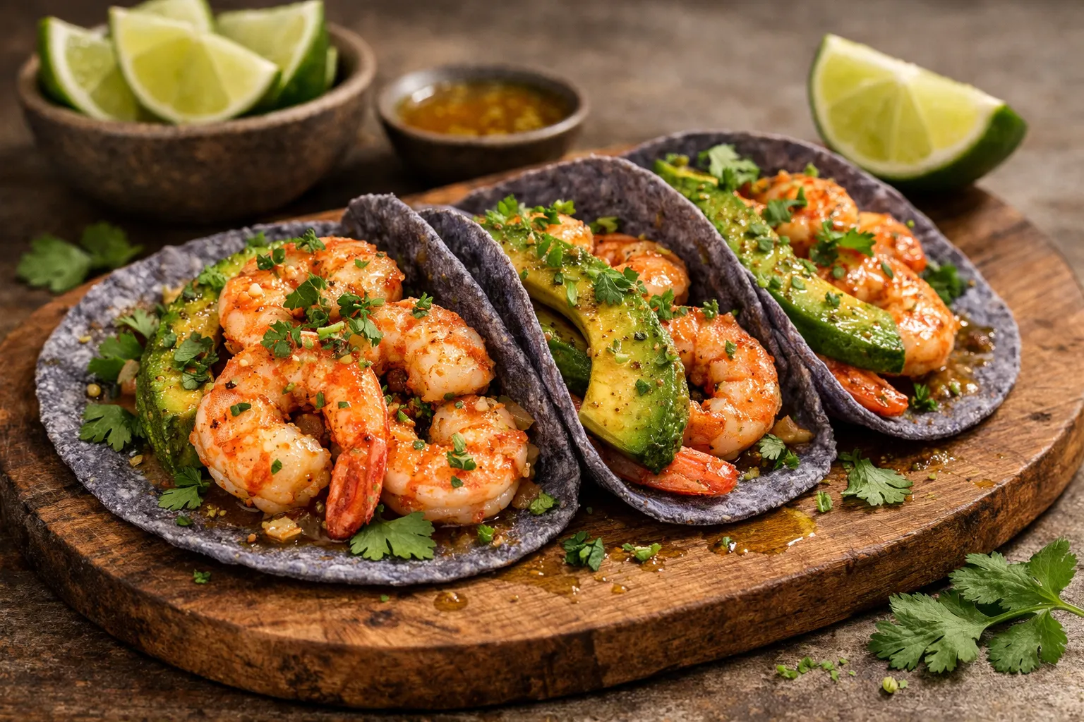 Finished and plated dish: Garlic Shrimp Tacos with Roasted Avocado