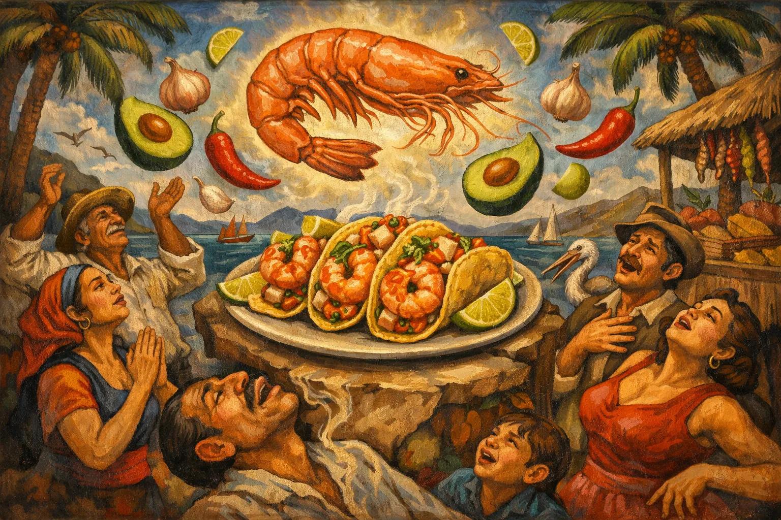 Composición final humorística de Garlic Shrimp Tacos with Roasted Avocado con Peeled shrimp or prawns (raw), Ripe but firm Hass avocados, Blue corn tortillas, Sliced garlic cloves, Dried chili or guindilla