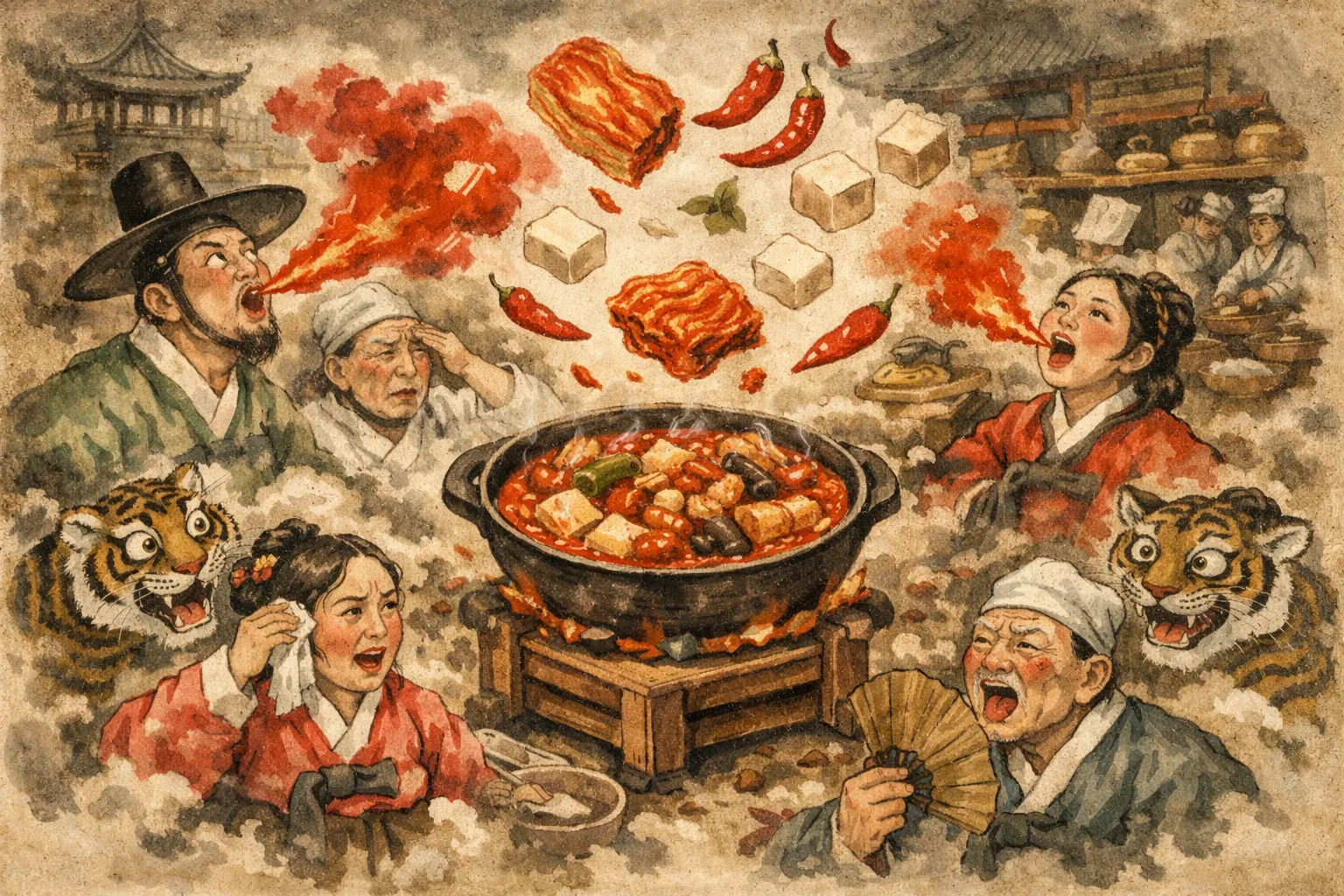 Composición final humorística de Kimchi Jjigae: Comforting Korean Stew con Fermented kimchi (preferably old/sour), Fresh pork belly slices, Firm tofu, Medium white onion, Scallions (green and white parts)