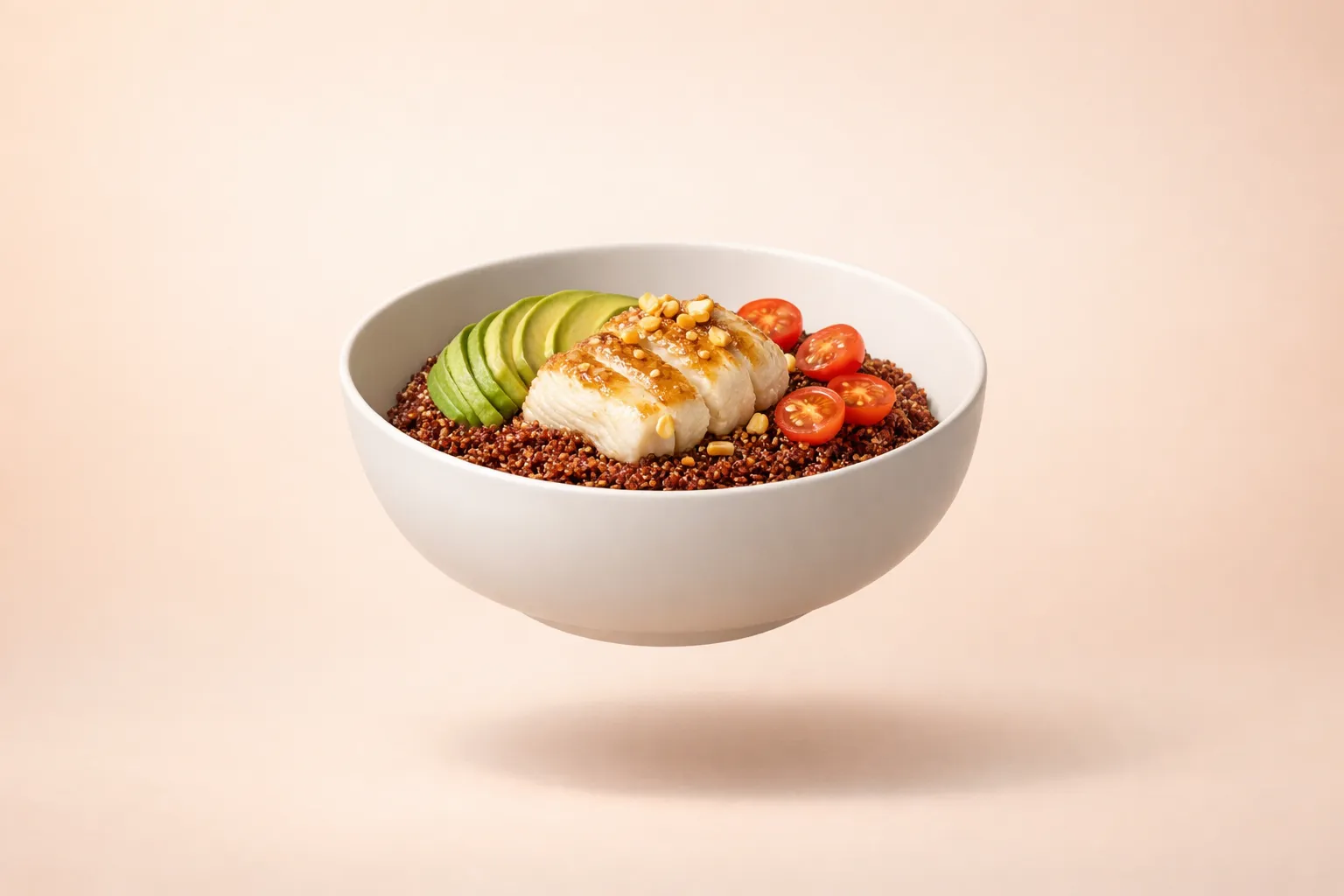 Portada de la receta Bowl de quinoa roja, pescado blanco y aguacate