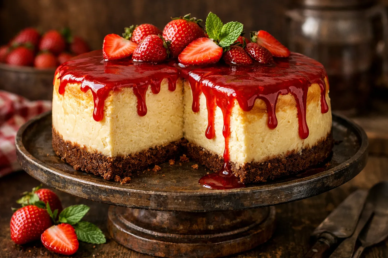 Plato terminado y emplatado: New York Cheesecake clásica con coulis de fresa