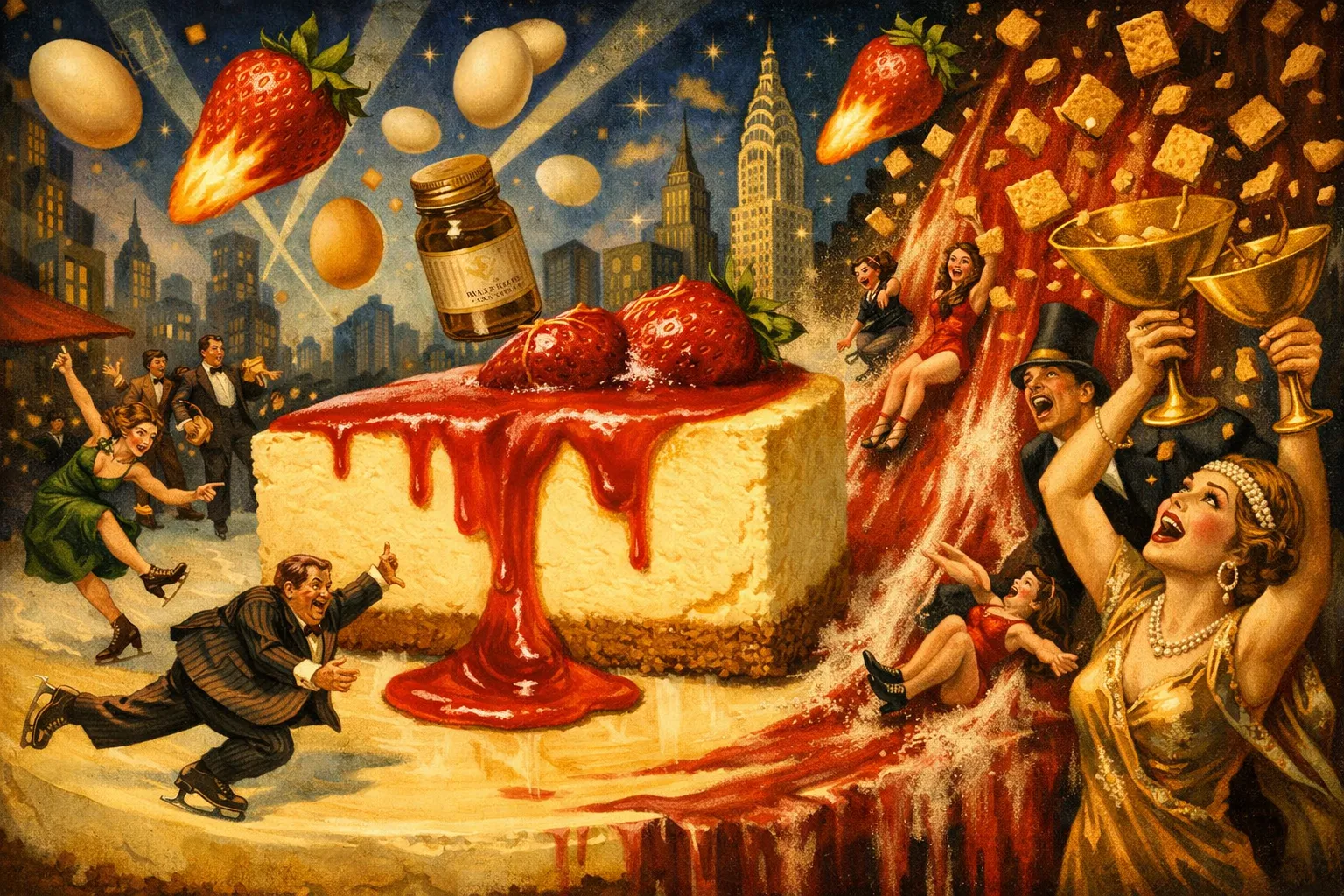 Composición final humorística de New York Cheesecake clásica con coulis de fresa con Queso crema tradicional, Galletas tipo Graham, Digestive o María, Mantequilla sin sal, Azúcar blanco, Huevos grandes