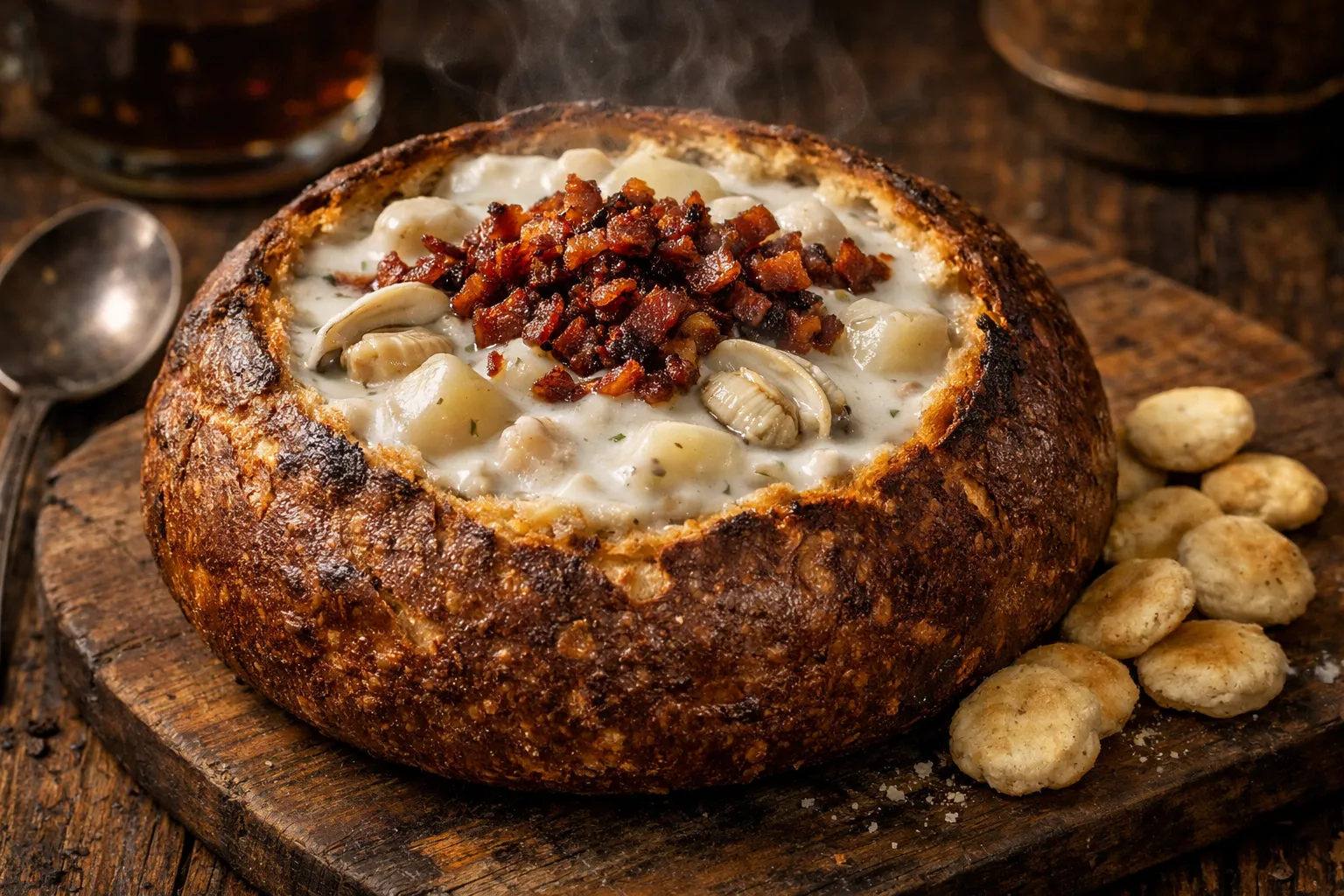 Plato terminado y emplatado: Clam Chowder (Crema de almejas) estilo New England