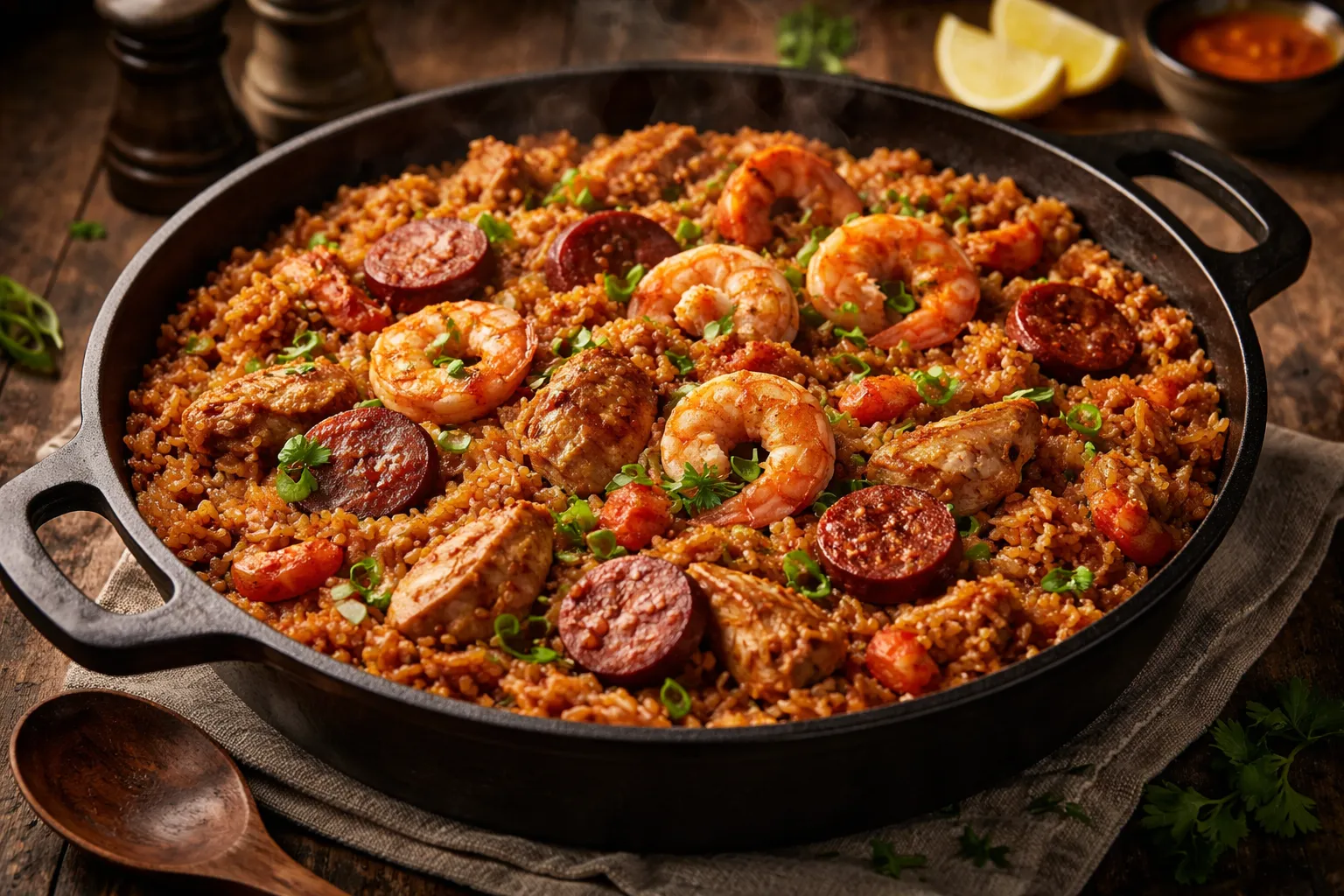 Plato terminado y emplatado: Jambalaya Creole con gambas y pollo