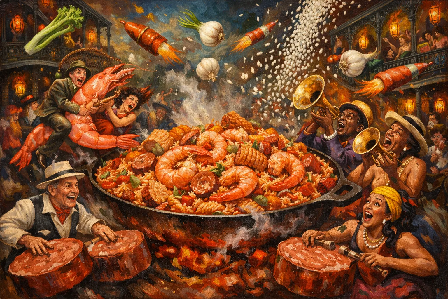 Composición final humorística de Jambalaya Creole con gambas y pollo con Pollo deshuesado, Salchicha ahumada, Gambas crudas o langostinos grandes, La 'Trinidad', Arroz de grano largo