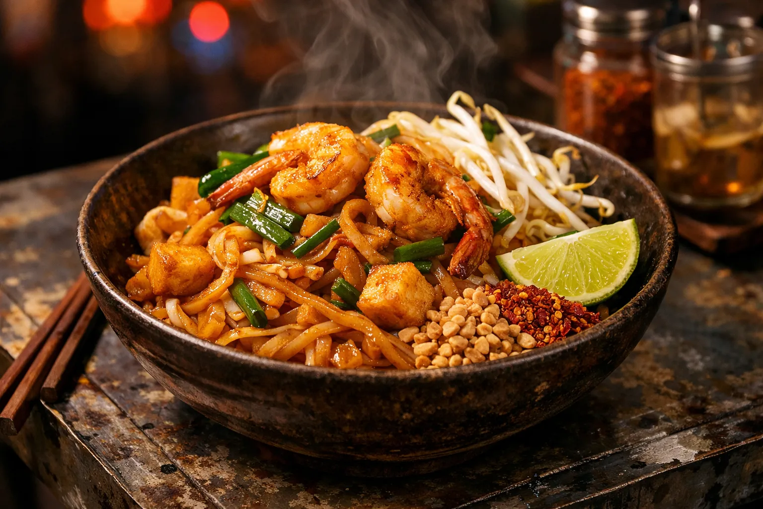 Plato terminado y emplatado: Pad Thai clásico de Bangkok con langostinos