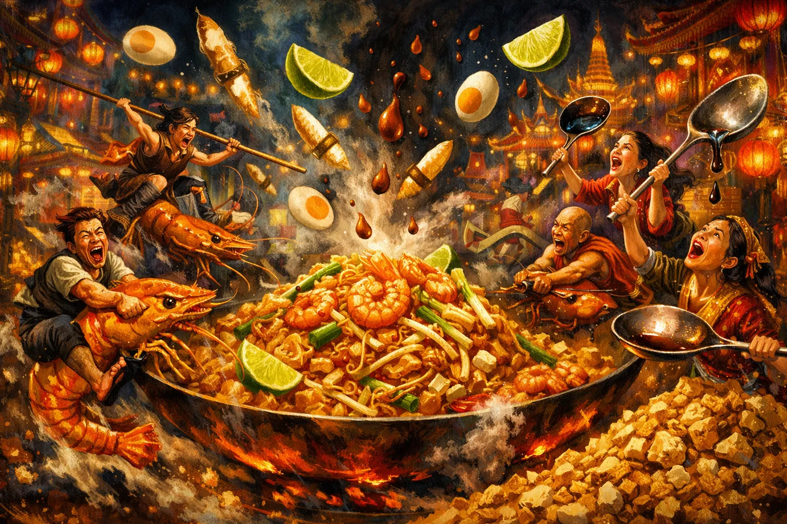 Composición final humorística de Pad Thai clásico de Bangkok con langostinos con Fideos de arroz secos, Langostinos o gambones crudos pelados, Huevos grandes, Tofu firme, Brotes de soja frescos