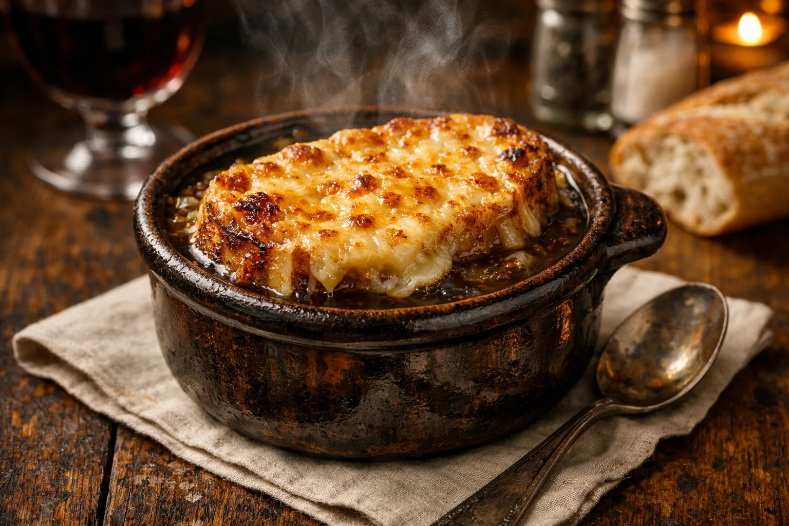 Plato terminado y emplatado: Soupe à l'oignon gratinée (Sopa de cebolla francesa)