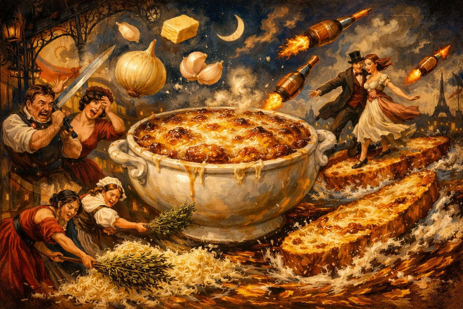 Composición final humorística de Soupe à l'oignon gratinée (Sopa de cebolla francesa) con Cebollas amarillas dulces, Mantequilla, Aceite de oliva virgen extra, Ajo fresco, Harina de trigo