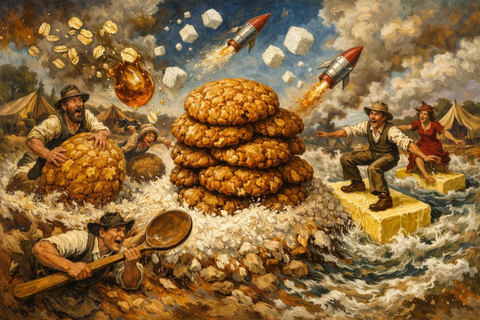 Composición final humorística de Anzac Biscuits (Galletas australianas de avena y coco) con Copos de avena tradicionales, Coco rallado desecado, Harina de trigo de todo uso, Azúcar moreno, Mantequilla sin sal