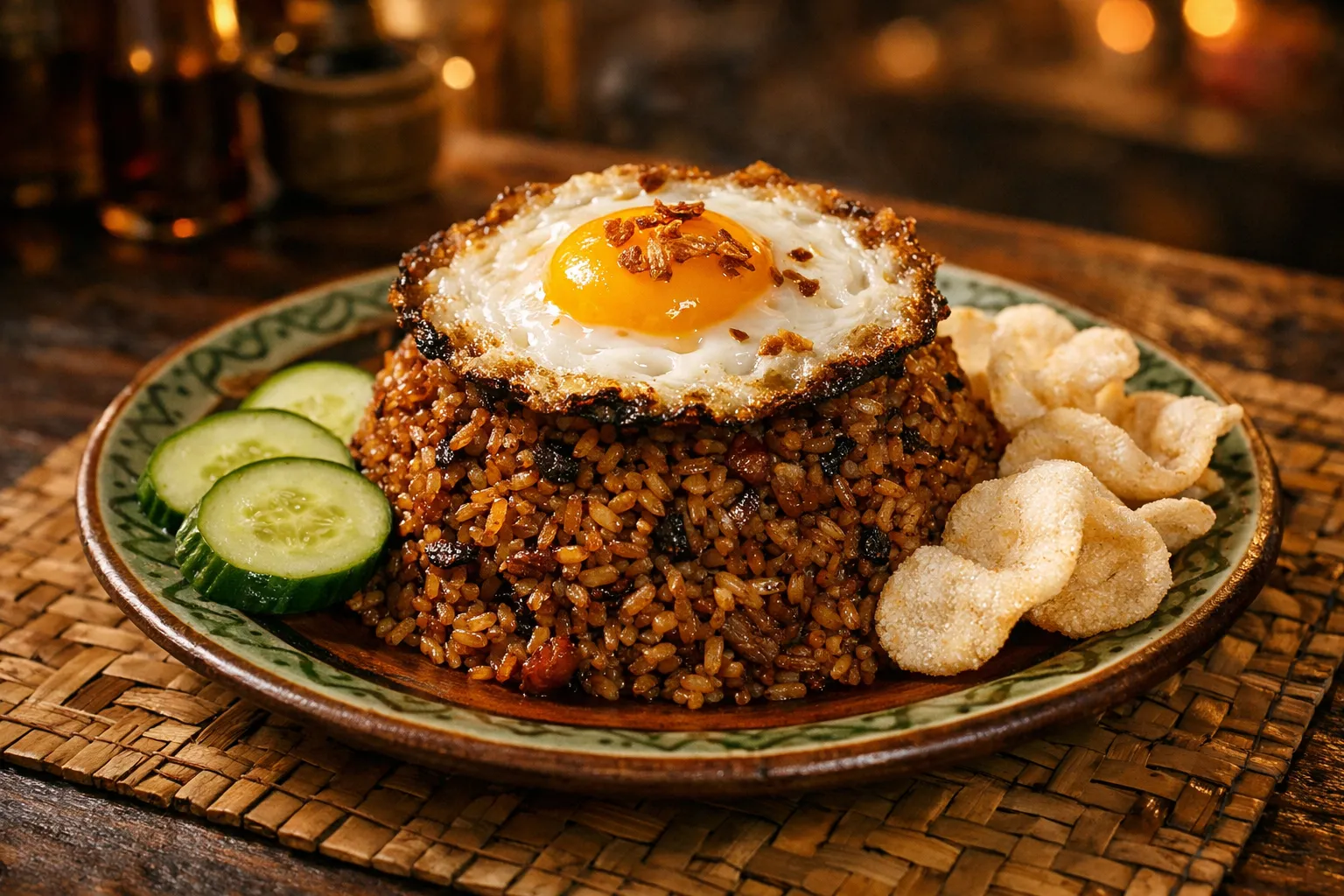 Plato terminado y emplatado: Nasi Goreng Kampung (Arroz frito indonesio tradicional)