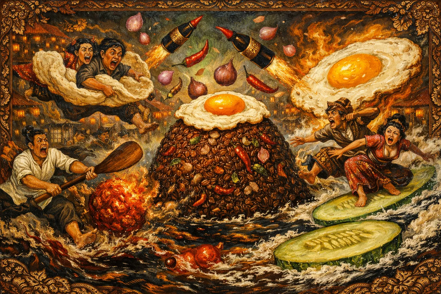 Composición final humorística de Nasi Goreng Kampung (Arroz frito indonesio tradicional) con Arroz blanco de grano largo, Kecap Manis, Pasta de gambas, Chalotas picadas y ajo, Chiles rojos frescos