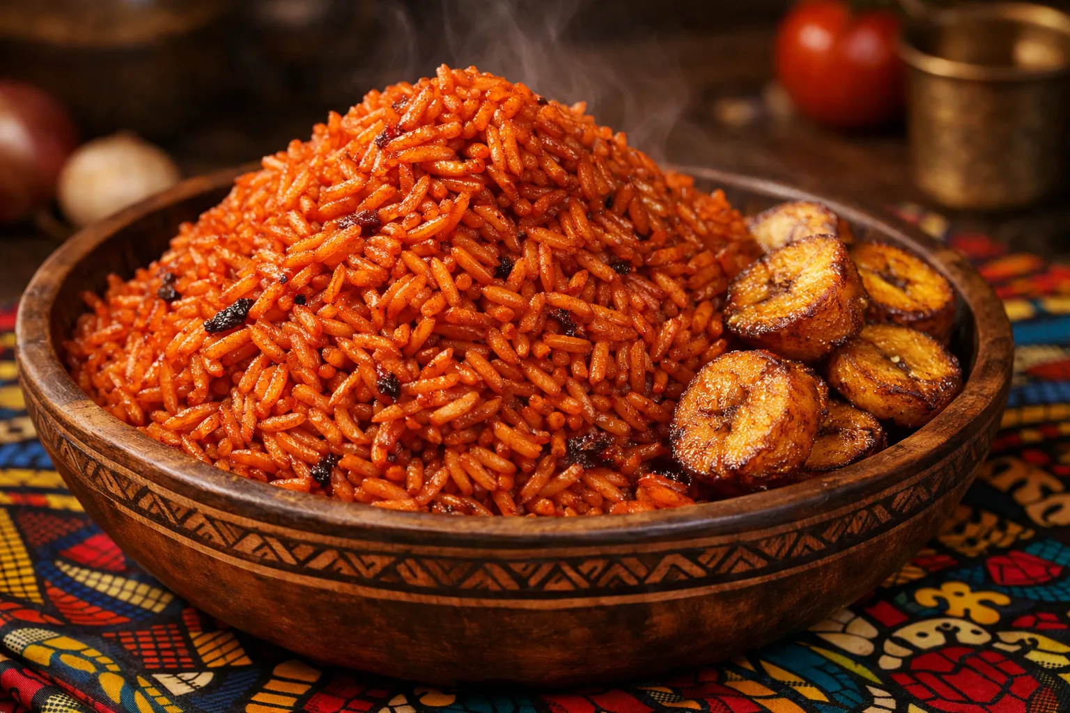 Plato terminado y emplatado: Jollof Rice picante (Estilo Nigeriano Festivo)