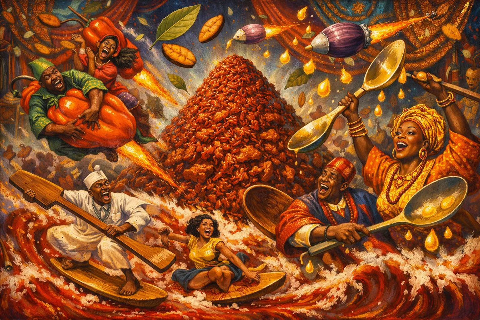 Composición final humorística de Jollof Rice picante (Estilo Nigeriano Festivo) con Arroz de grano largo parbolizado, Pimientos rojos dulces, Tomates pera maduros, Cebollas moradas grandes, Chiles habaneros