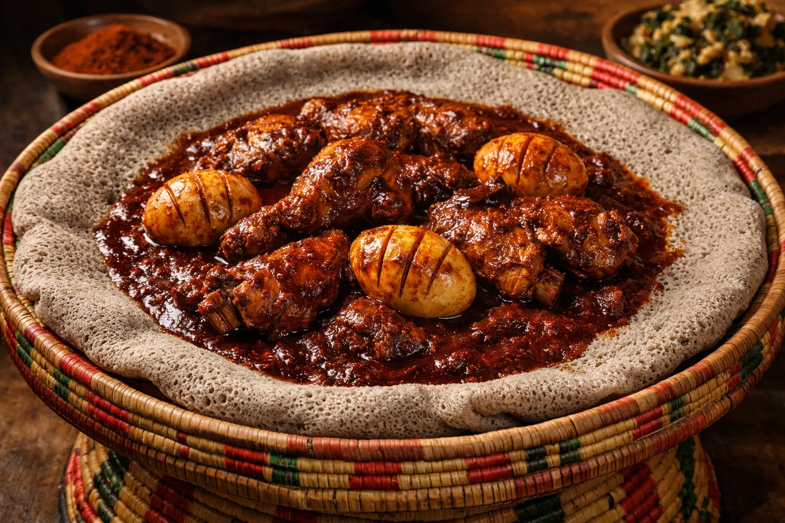 Plato terminado y emplatado: Doro Wat (Auténtico Estofado de Pollo Picante Etíope)