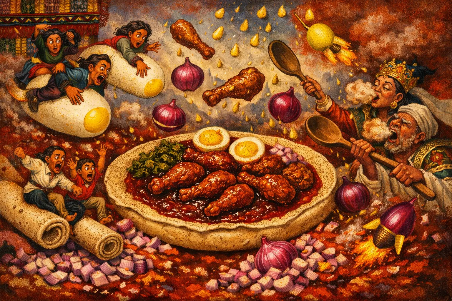 Composición final humorística de Doro Wat (Auténtico Estofado de Pollo Picante Etíope) con Cebollas rojas grandes, Niter Kibbeh, Ghee o mantequilla, Berbere, Muslos o contramuslos de pollo, Zumo de limón fresco