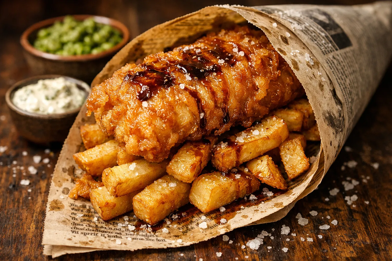 Plato terminado y emplatado: Authéntico Fish & Chips (con salsa tártara y puré de guisantes)