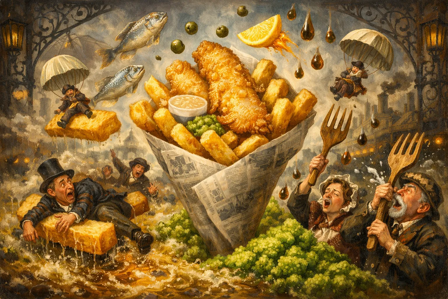 Composición final humorística de Authéntico Fish & Chips (con salsa tártara y puré de guisantes) con Filetes de Bacalao o Eglefino, Patatas harinosas para freír, Cerveza rubia fría, Harina de trigo, Levadura química