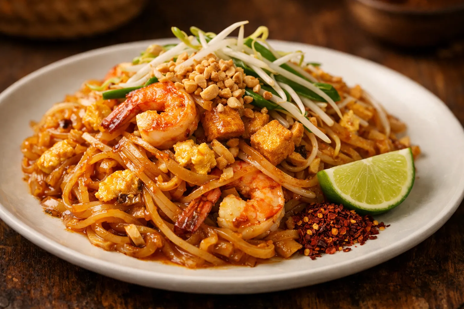 Plato terminado y emplatado: Pad Thai auténtico con gambas y tamarindo