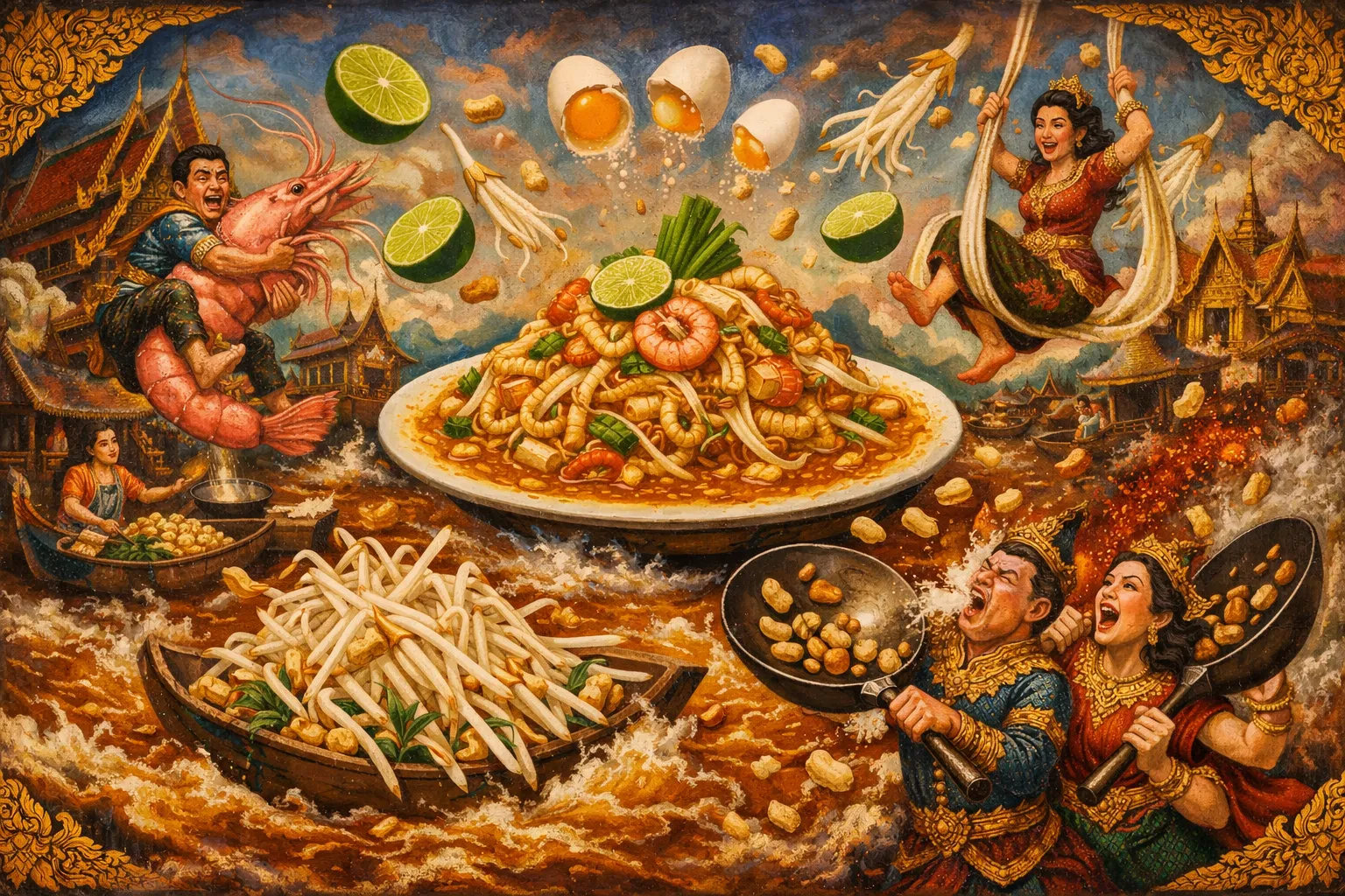 Composición final humorística de Pad Thai auténtico con gambas y tamarindo con Fideos de arroz planos secos, Gambas crudas grandes, Tofu firme, Pasta de tamarindo, Salsa de pescado tailandesa (Nam Pla)