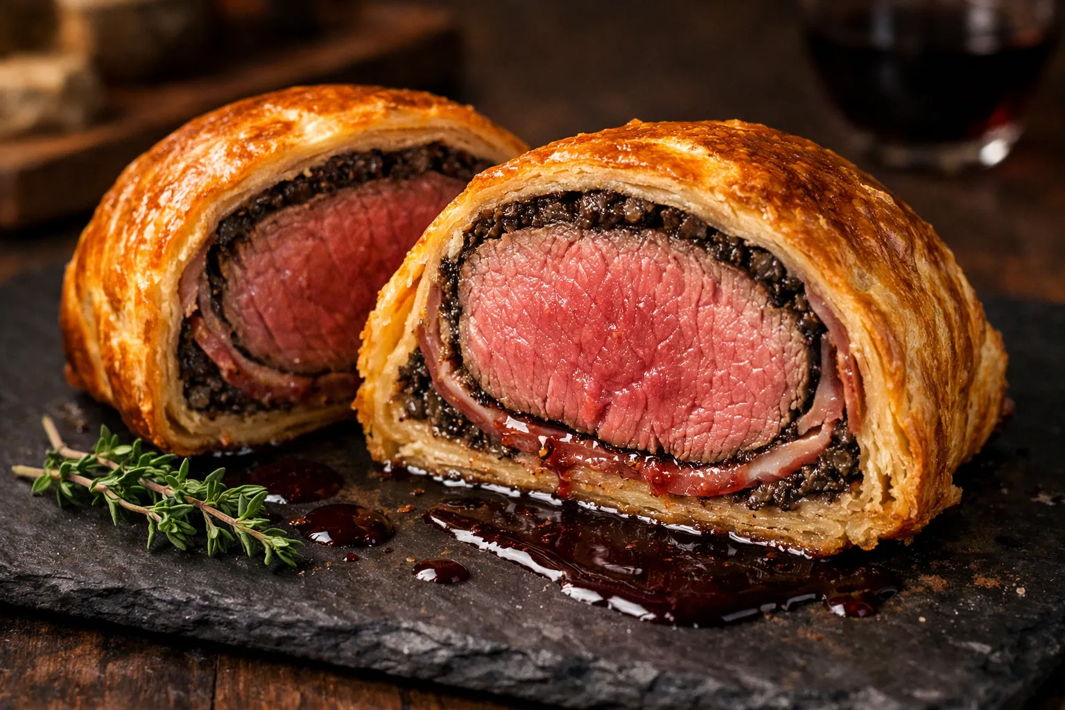 Plato terminado y emplatado: Solomillo Wellington con duxelle de setas y jamón