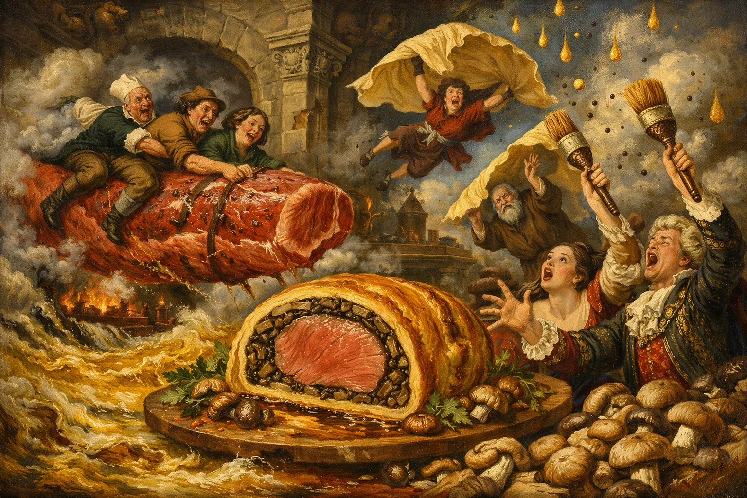 Composición final humorística de Solomillo Wellington con duxelle de setas y jamón con Solomillo de vacuno entero, Champiñones o setas silvestres, Jamón curado en lonchas finas, Lámina de hojaldre de mantequilla, Mostaza de Dijon